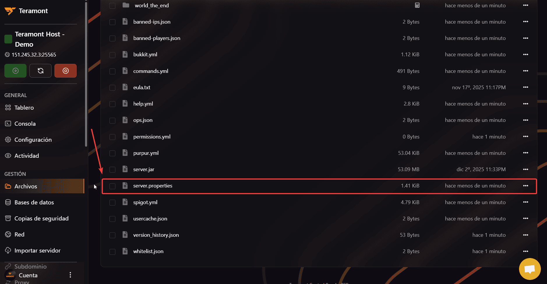 Archivo server.properties
