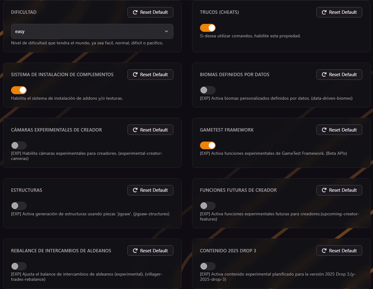 Opciones experimentales bedrock