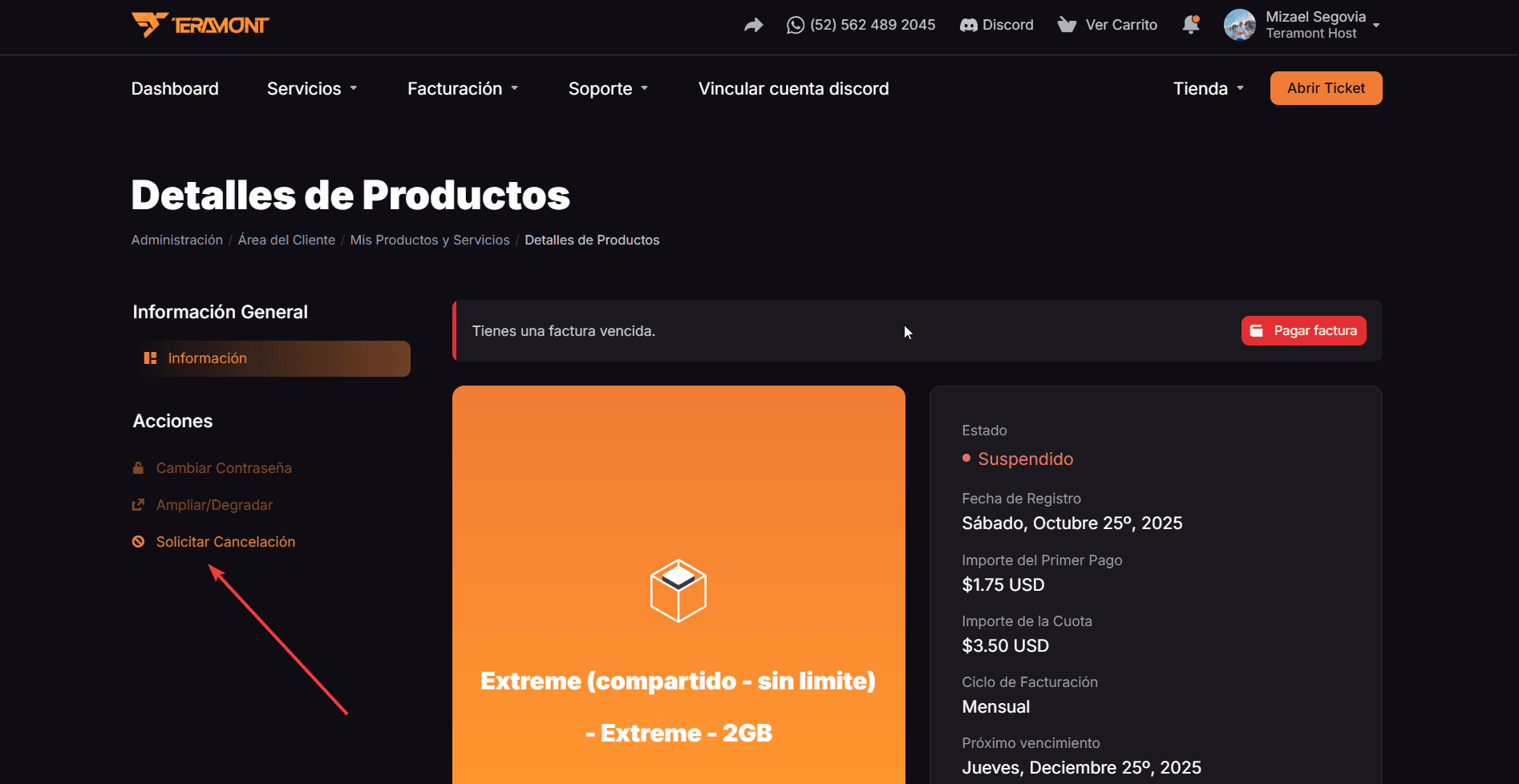 Opción Solicitar Cancelación