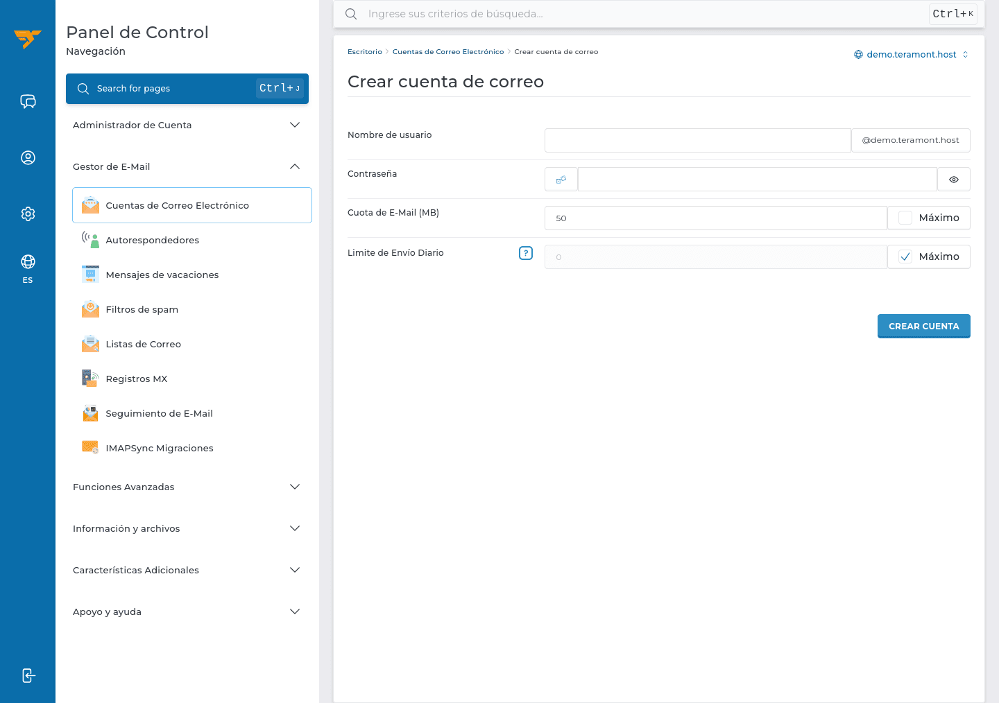 Formulario para crear una cuenta de correo