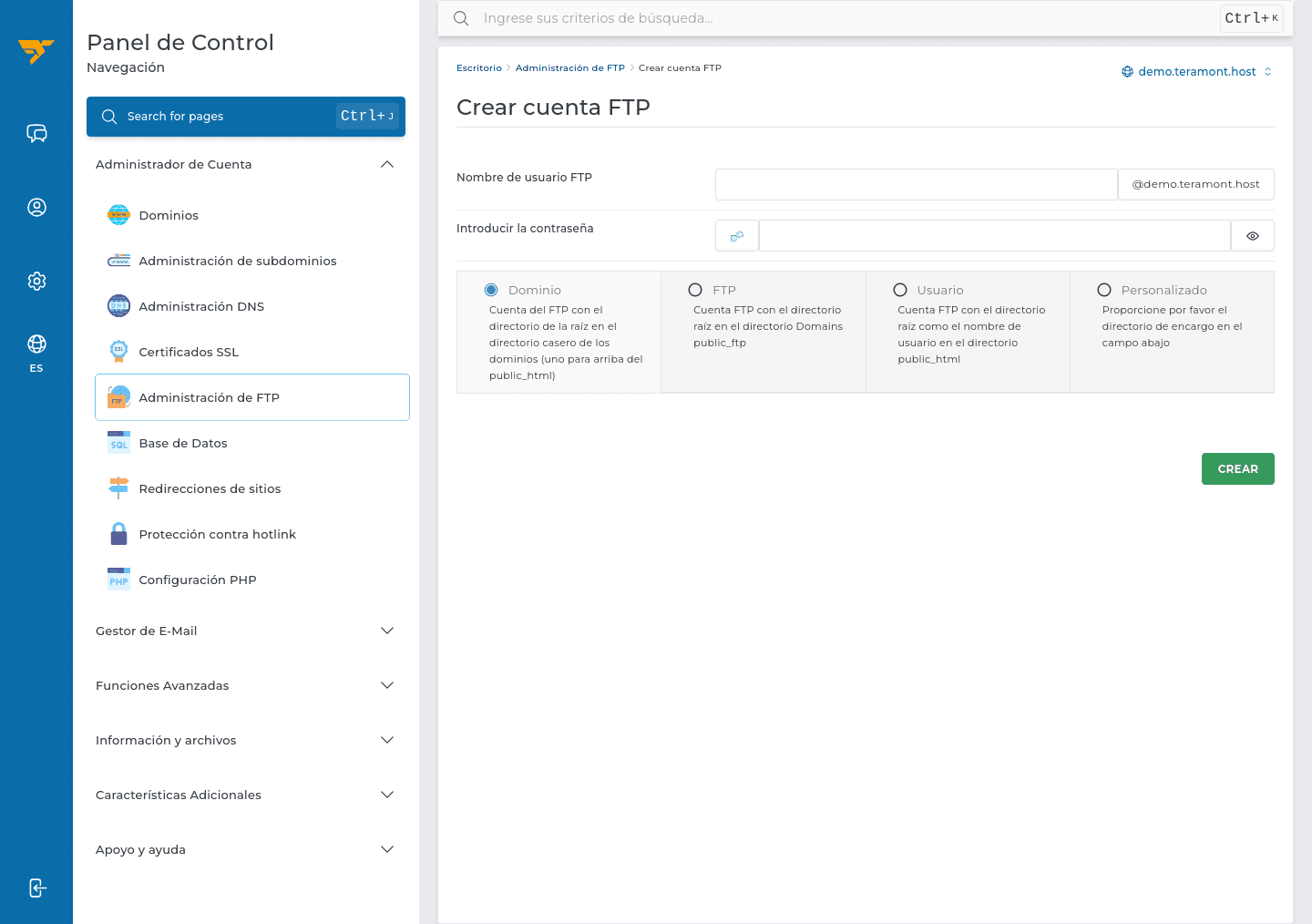 Formulario para crear una cuenta FTP