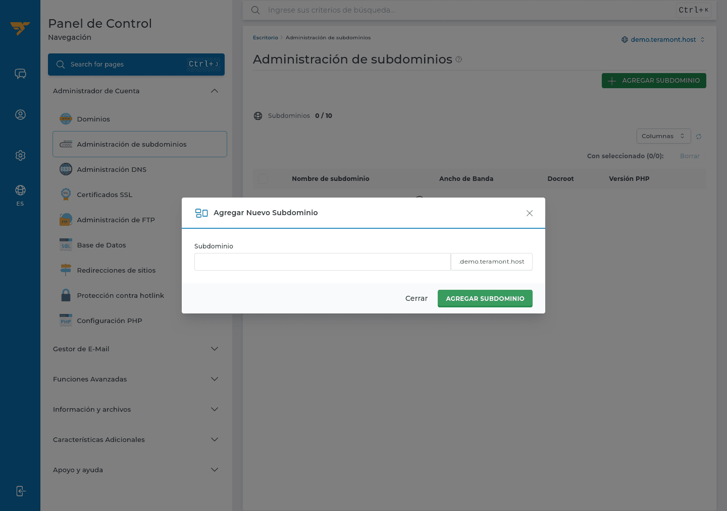 Formulario para agregar un subdominio