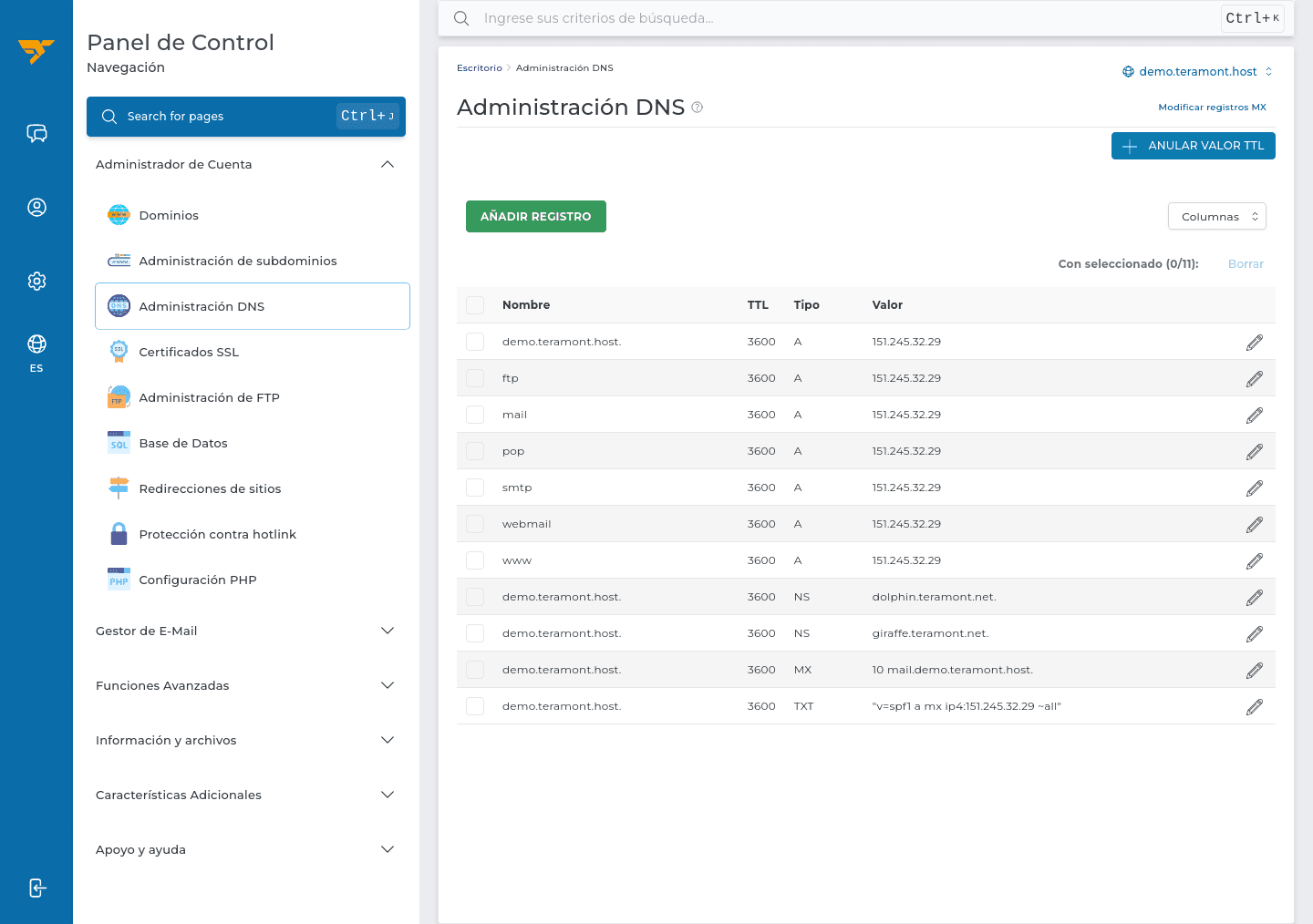 Lista de registros DNS